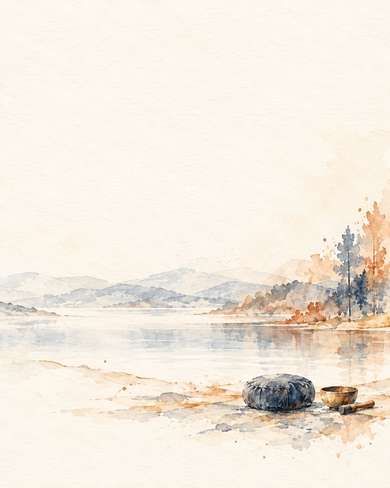 Aquarell: Meditationskissen und Klangschale am Ufer eines stillen Sees