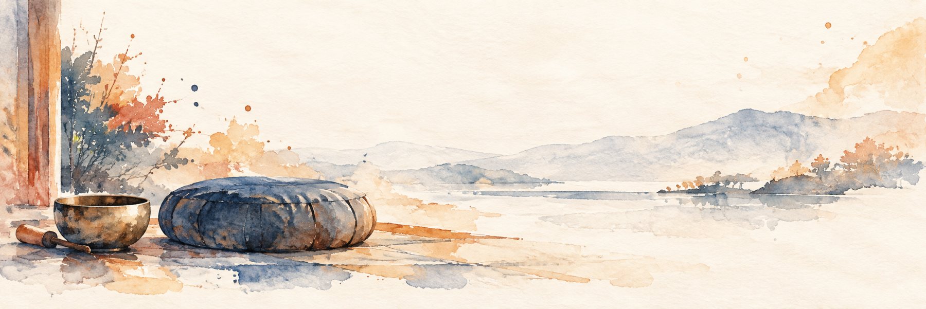 Aquarell: Meditationskissen und Klangschale an einem stillen See